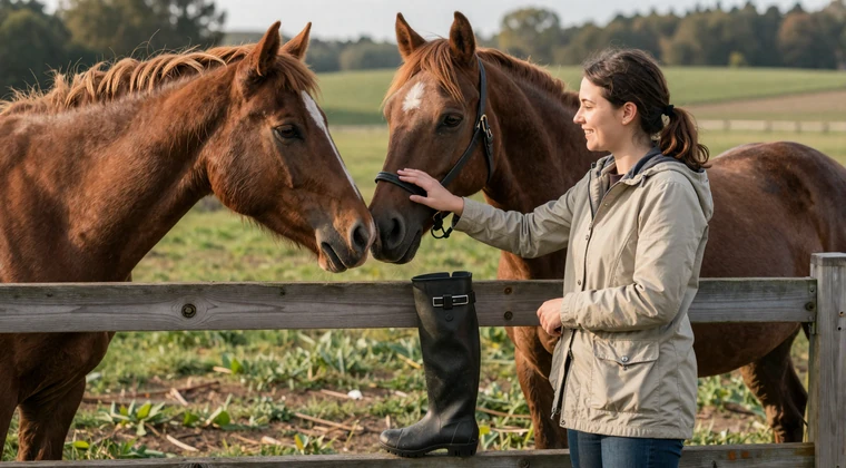 Woman visiting a farm for the first time petting a horse over a wooden fence in morning light