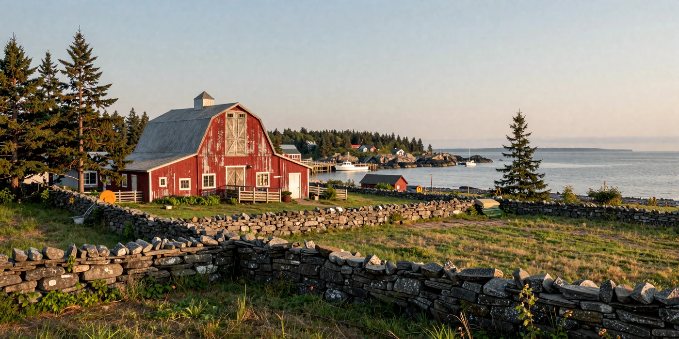 Coastal Maine farmland with red barn and green pastures stretching toward rocky Atlantic shoreline at golden hour - maine farmers dating