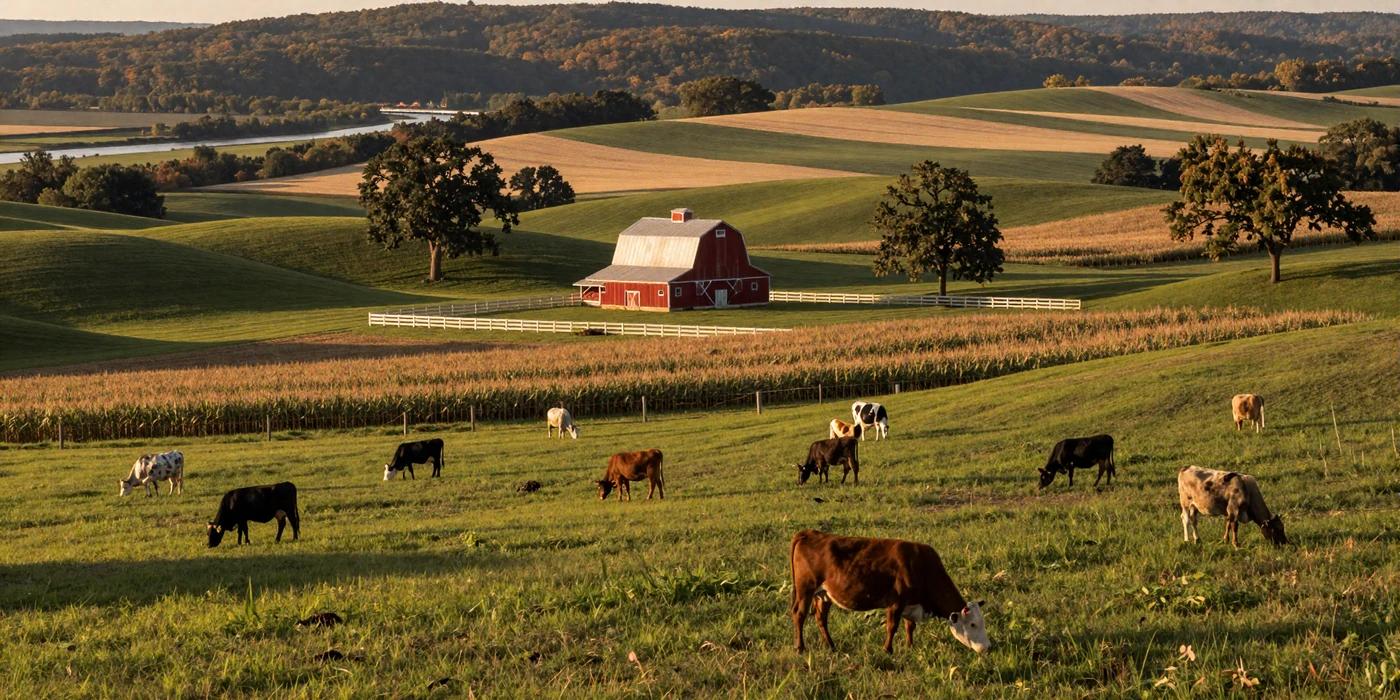 Missouri rolling hills with cattle pasture and red barn at golden sunset - missouri farmers dating