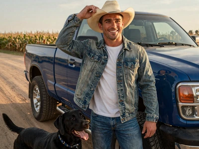 Travis, a 34-year-old country man with his dog beside a pickup truck on a dirt road - country singles profile