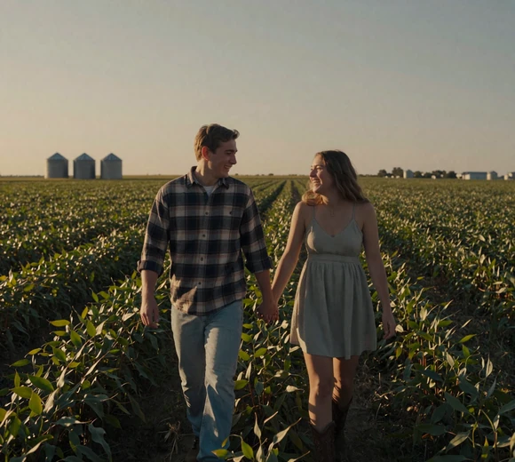 Young couple walking through Iowa soybean fields at golden hour - farm dating Des Moines