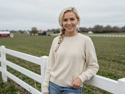 Astrid, a 31-year-old Scandinavian-American grain farmer smiling on her Minnesota farm
