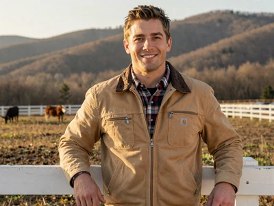 Jake, 33-year-old Tennessee cattle rancher smiling by white fence in Middle Tennessee - tennessee farmers dating