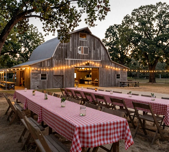 Alabama barn with string lights and long tables set for a community supper - Alabama dating culture
