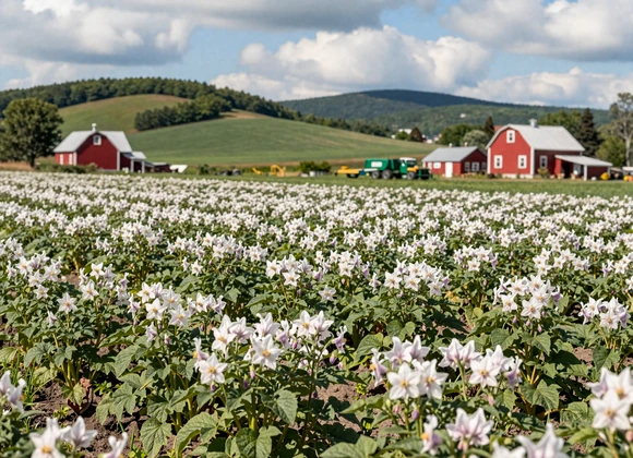 Aroostook County potato fields in full bloom with purple flowers and rolling Maine hills in background - farm dating Maine