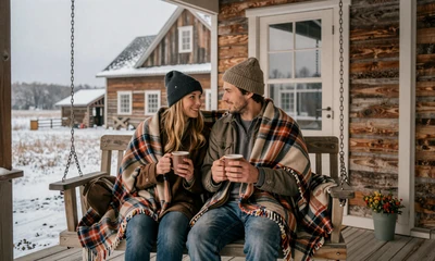 Farm couple sharing hot cocoa on a porch swing during winter - seasonal dating tips