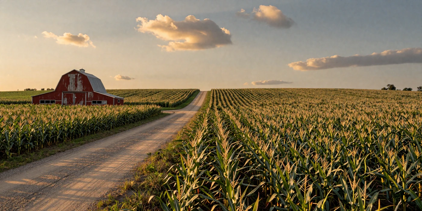 Golden Indiana cornfields at sunset with a red barn - indiana farmers dating
