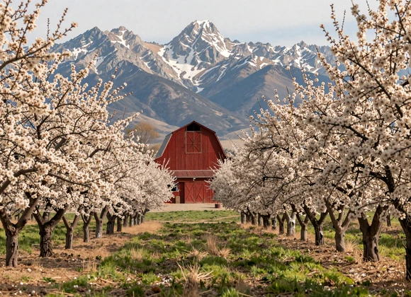 California almond orchard in bloom with Sierra Nevada mountains in background - farm dating California