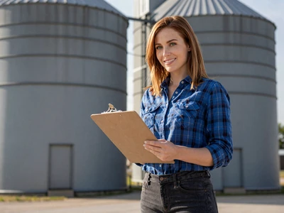 Angela, a 32-year-old grain merchandiser standing in front of grain elevators