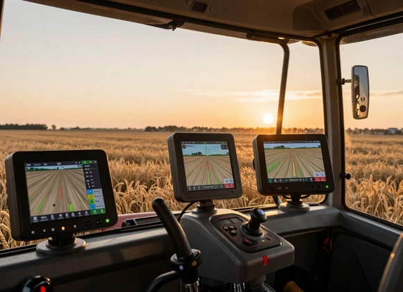 Modern combine harvester cab with GPS screens and precision agriculture technology at sunset
