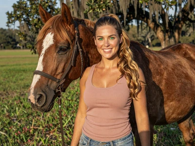 Savannah, 28-year-old Florida horse farm manager smiling beside her horse in Ocala pasture - florida farmers dating