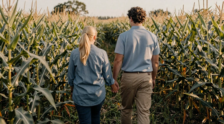 Couple walking hand in hand through tall Iowa corn rows on a warm afternoon, rural love story