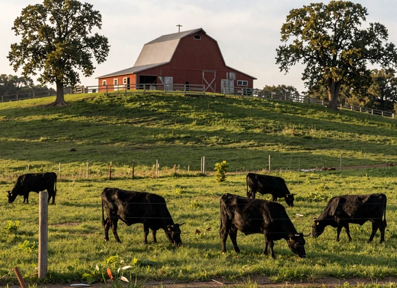 Missouri Ozark cattle ranch with Black Angus grazing on green hills and red barn - rural dating Missouri