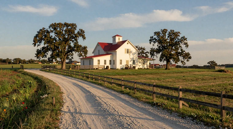 Winding country road leading to a white farmhouse surrounded by green pastures at golden hour, symbolizing moving to a farm after city life