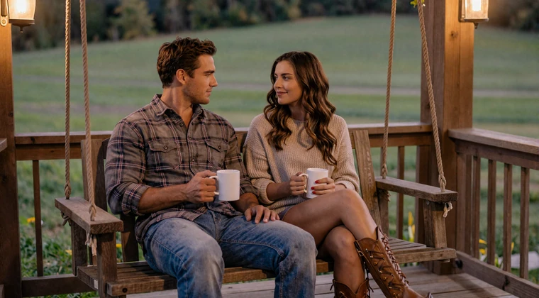 Farm couple sharing coffee on a porch swing at dusk overlooking green pastures, balancing farm life and relationships