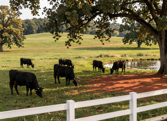 Alabama pasture with Black Angus cattle grazing near a pond with pecan trees and white fence - rural dating Alabama