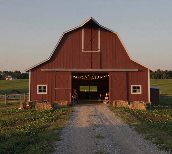 Rustic Arkansas barn decorated with string lights for a barn dance at golden hour - arkansas dating culture