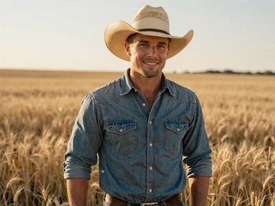 Travis, 34-year-old Kansas wheat farmer smiling in golden wheat field at sunset - kansas farmers dating