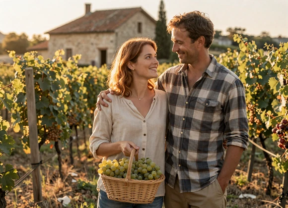 European-heritage couple smiling together in a vineyard at golden hour - heritage farm singles dating