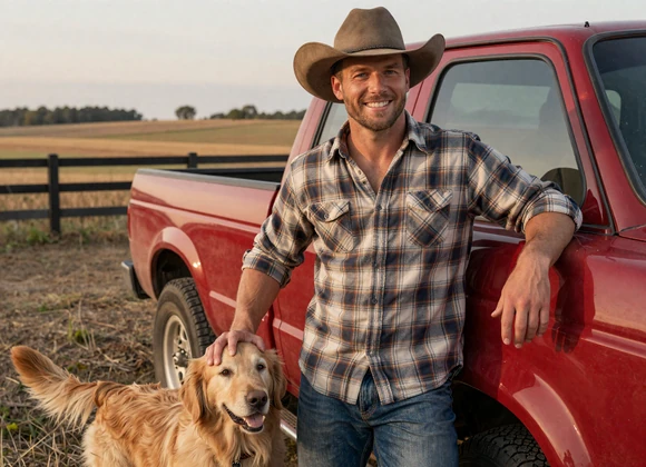 Country man leaning against his pickup truck with a golden retriever on a rural farm - country singles lifestyle