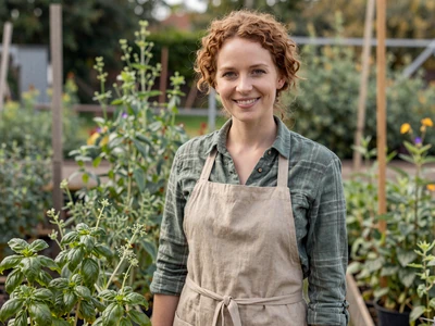 Rachel, a 32-year-old organic herb farmer smiling in her garden