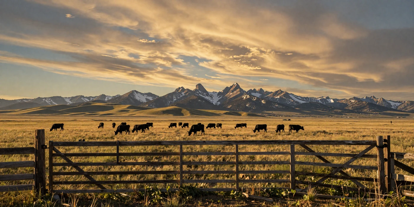 Montana Big Sky Country at golden hour with cattle grazing on vast prairie and snow-capped Rocky Mountains - montana farmers dating