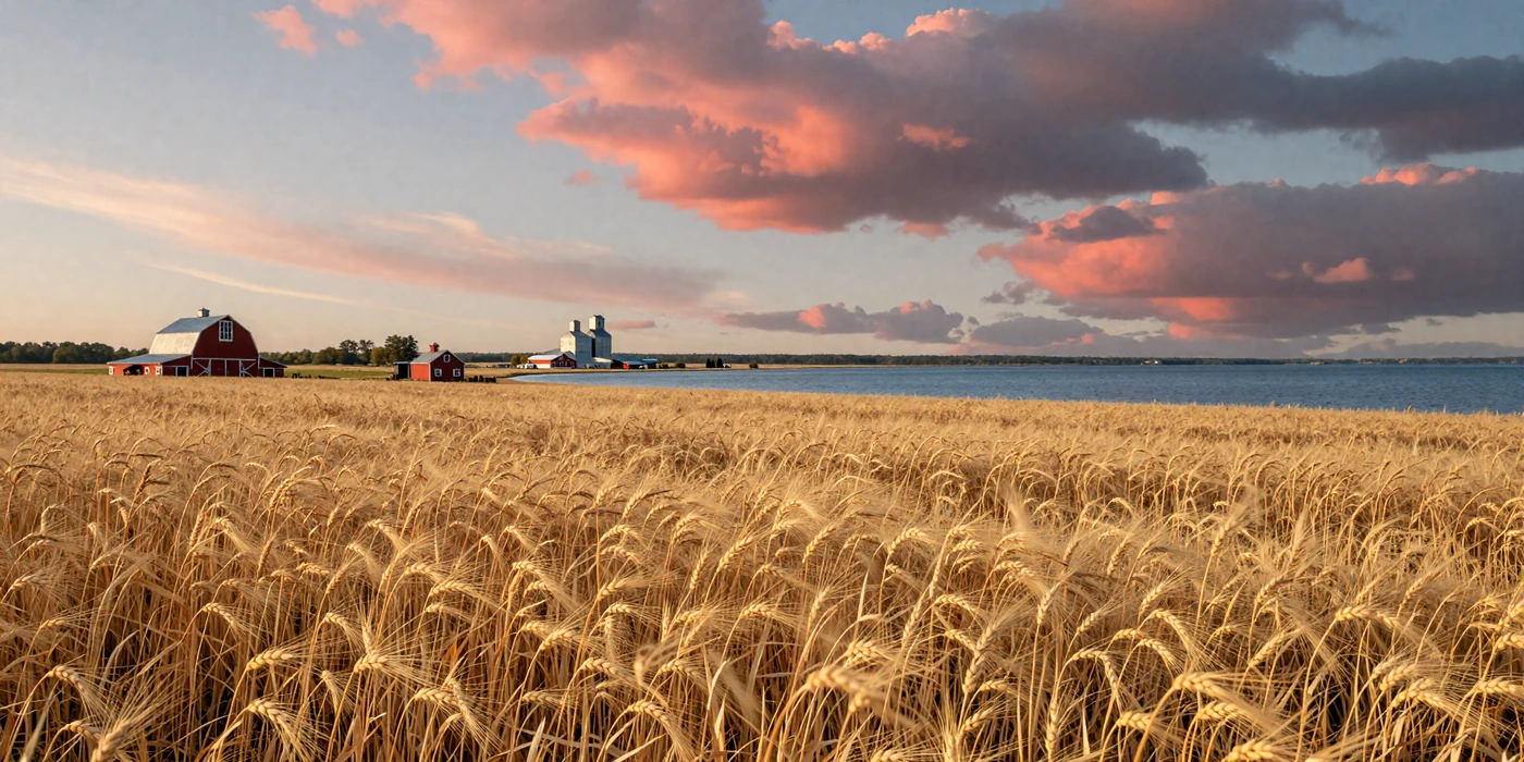Golden Minnesota grain fields stretching toward a blue lake at sunset with a red barn and grain elevator - minnesota farmers dating