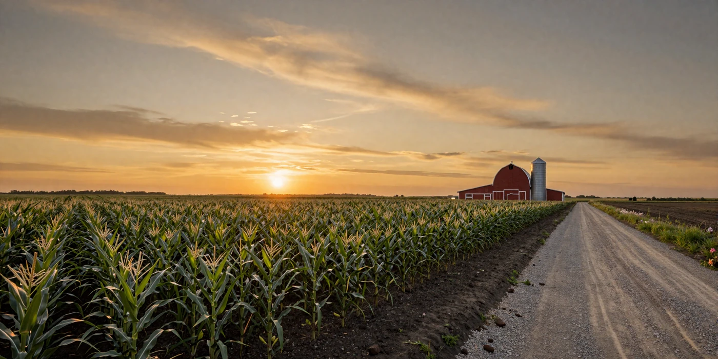 Illinois prairie farmland with rows of corn stretching to the flat horizon at golden hour - illinois farmers dating