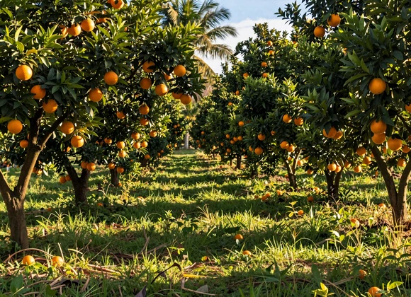 Florida citrus grove with ripe oranges under subtropical morning sunlight - farm dating Florida