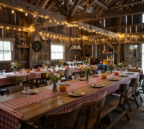 Rustic Maine barn decorated with string lights for a community harvest supper - New England farm dating culture
