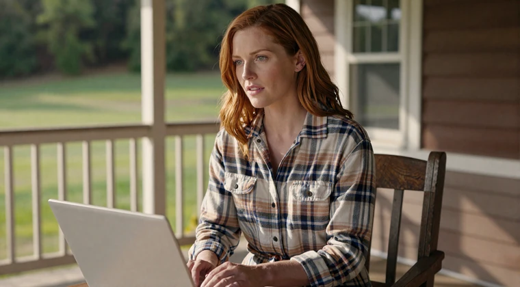 Woman safely browsing a farmer dating site on her laptop from a farmhouse porch in rural morning light