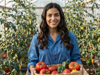 Miriam, a 29-year-old greenhouse farmer smiling with a basket of fresh vegetables