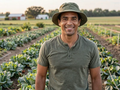 Marcus, 37-year-old organic farmer smiling at his farm near Lawrence Kansas - farm dating Wichita area