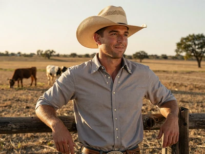 Wyatt, 34-year-old Texas cattle rancher leaning on fence in cowboy hat - cowboy dating Texas