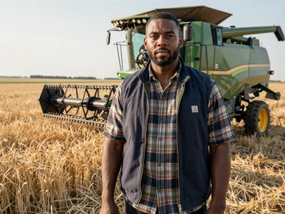 Marcus, a 42-year-old large-scale grain farmer next to his combine harvester - agricultural elite dating