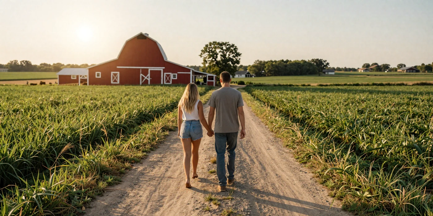 Happy farm couple laughing together beside a fence in a golden wheat field at sunset, farmer dating success story
