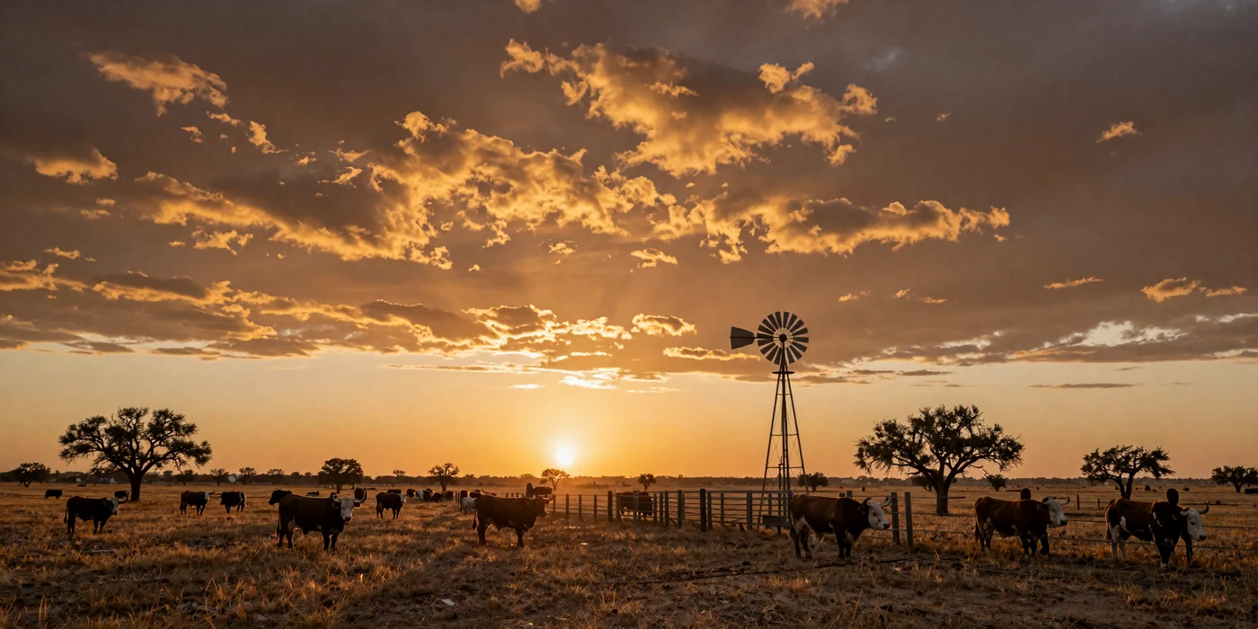 Vast Texas cattle ranch at golden sunset with longhorn silhouettes and windmill - texas farmers dating
