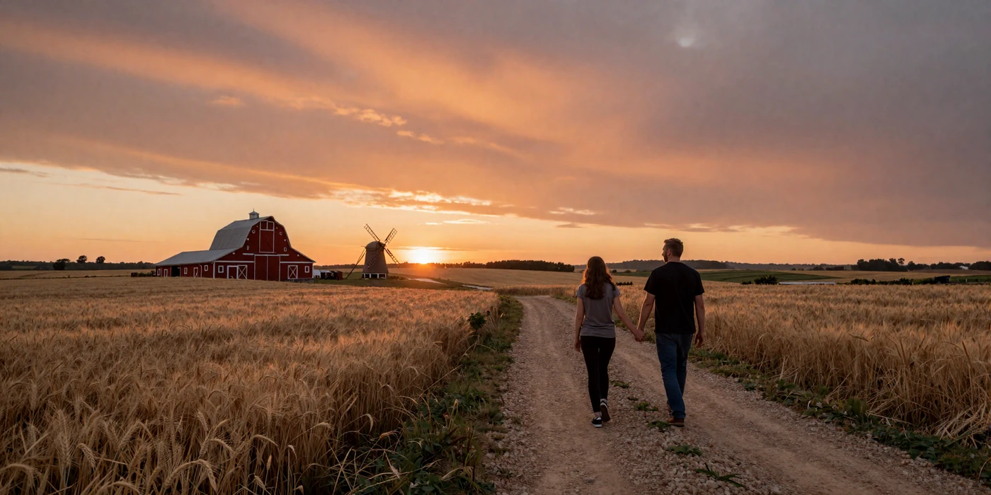Couple walking hand in hand through golden wheat fields at sunset - farmer dating success stories