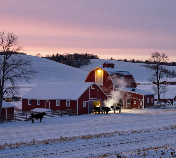 Wisconsin dairy farm at dawn in winter with snow-covered pastures and warm barn light - rural dating challenges Wisconsin