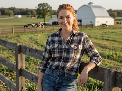 Sarah, 31-year-old Ohio dairy farmer smiling by a pasture fence in Wayne County - ohio farmers dating