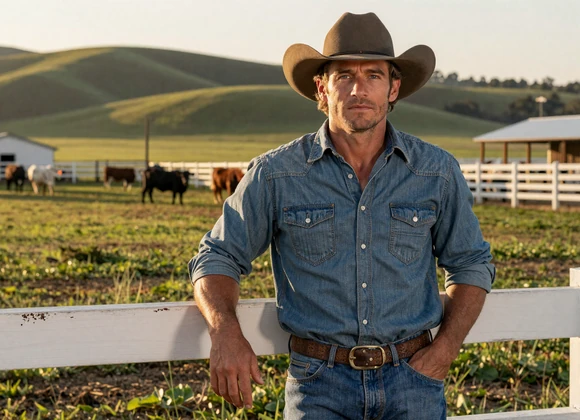 Successful ranch owner leaning confidently against white fence at his prosperous cattle operation - wealthy farmer singles dating