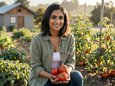 Priya, 29-year-old organic farmer holding fresh tomatoes in her California garden - farm dating California