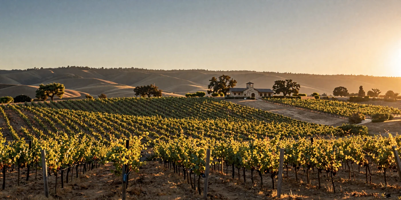 California vineyard rows at golden sunset with rolling hills and oak trees - california farmers dating