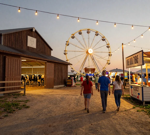 Nebraska county fair at dusk with Ferris wheel, livestock barn, and string lights - where Nebraska singles connect