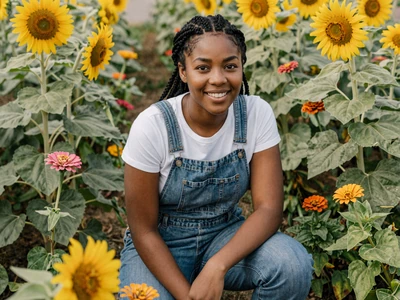Keisha, a 33-year-old Black flower farmer smiling in a sunflower field