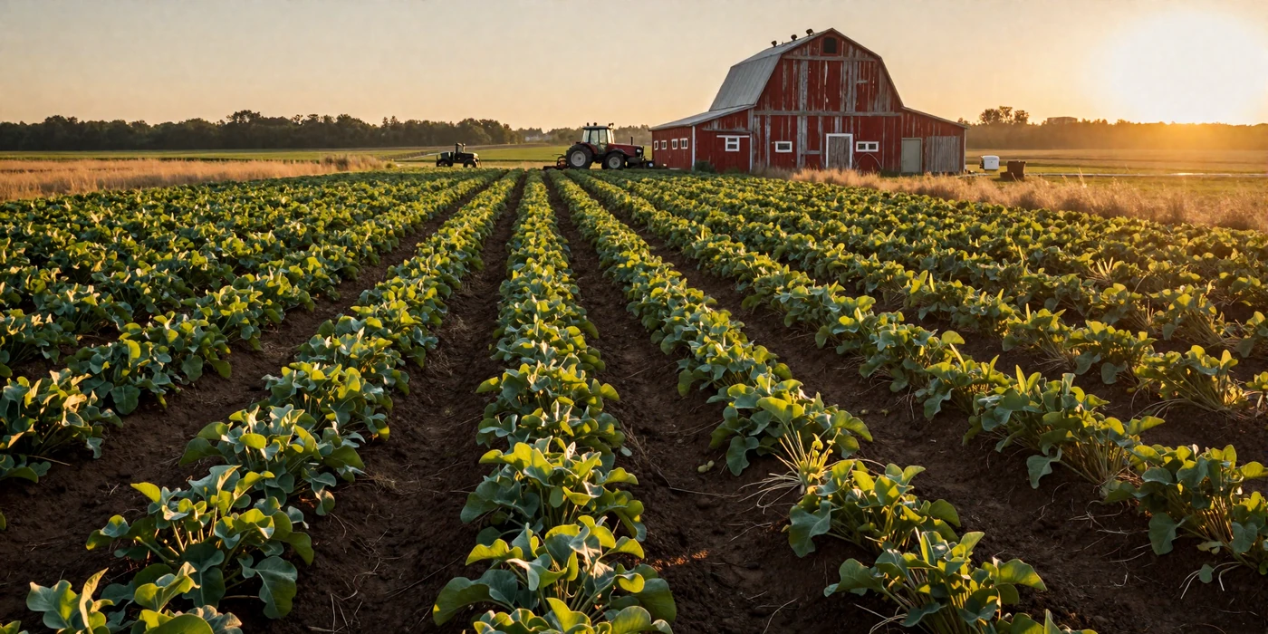 Thriving Black-owned farm with rows of green crops and a red barn at golden hour - Black farmers dating