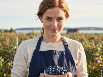 Hannah, 29-year-old blueberry grower smiling with harvest basket in Downeast Maine barrens - rural singles Maine
