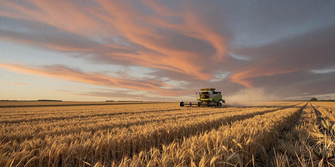 Golden Kansas wheat field at sunset with combine harvester working the prairie horizon - kansas farmers dating