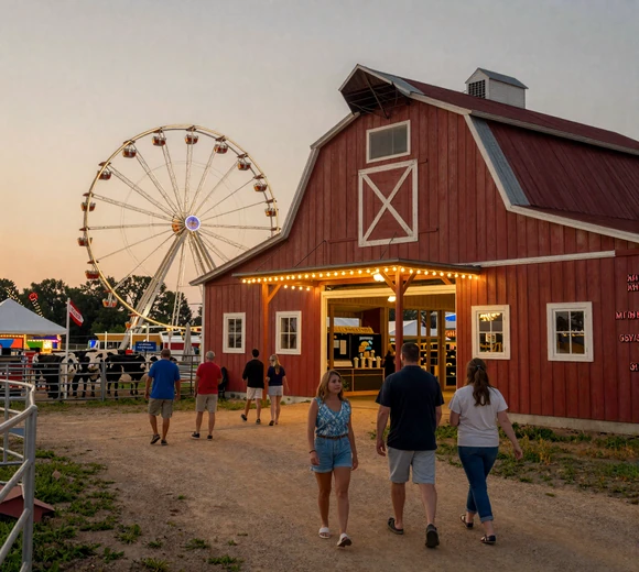 Illinois county fair at dusk with string lights and Ferris wheel - Midwestern dating culture