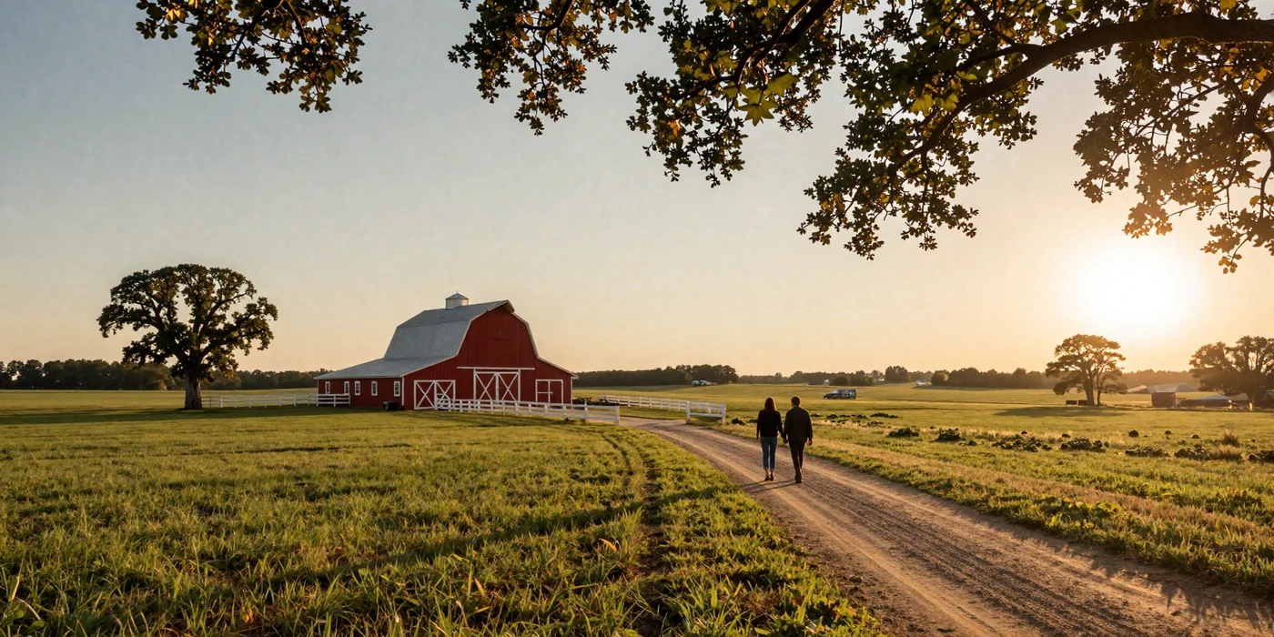 Couple walking hand in hand along a farm path at sunset - best farmer dating site